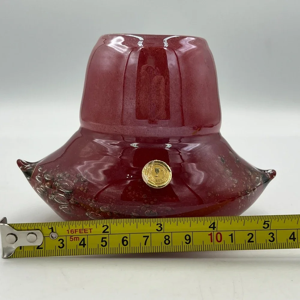 Vintage Pier 1 Hand Blown Art Glass Vase Red Controlled Bubble Romania 5.25